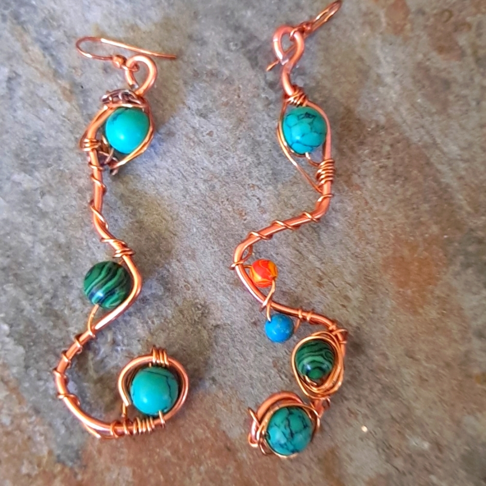 NEW Abstract copper wire wrapped earrings with glass and malachite beads 3" long